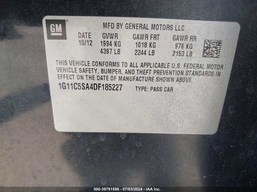 2013 Chevrolet Malibu 1Lt VIN: 1G11C5SA4DF185227 Lot: 39791586