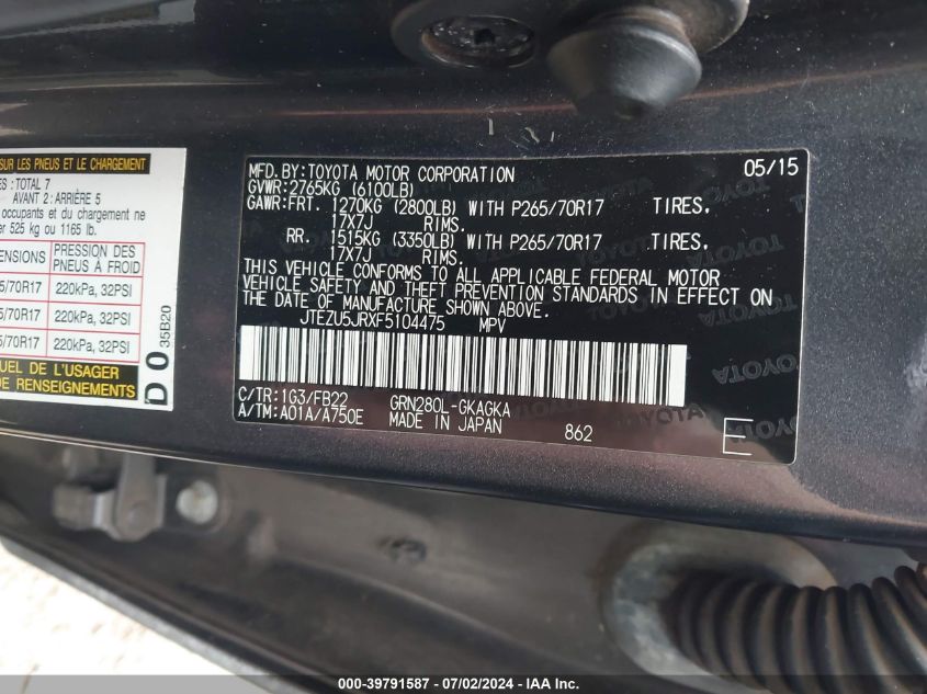 2015 Toyota 4Runner Sr5 VIN: JTEZU5JRXF5104475 Lot: 39791587