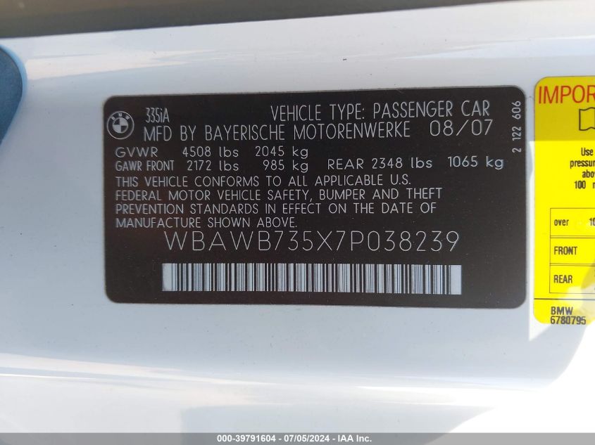2007 BMW 335I VIN: WBAWB735X7P038239 Lot: 39791604