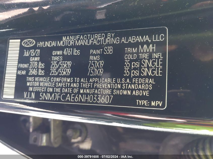 2022 Hyundai Tucson Sel VIN: 5NMJFCAE6NH033607 Lot: 39791605