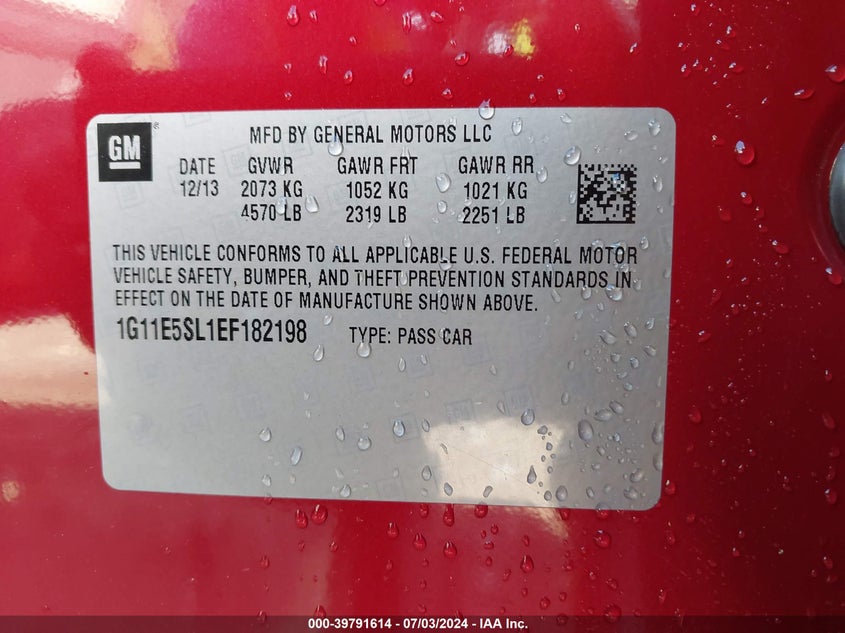 2014 Chevrolet Malibu 2Lt VIN: 1G11E5SL1EF182198 Lot: 39791614