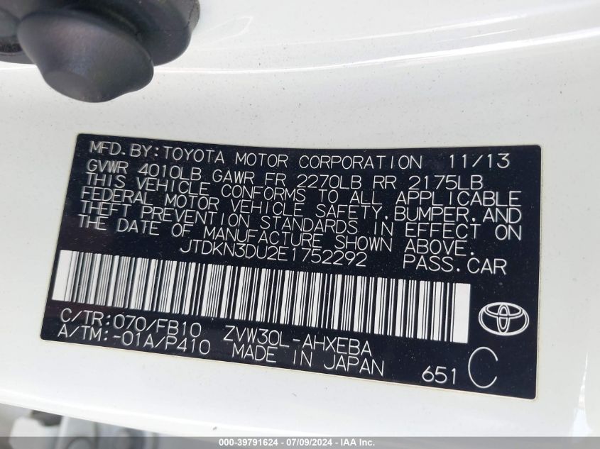2014 Toyota Prius Two VIN: JTDKN3DU2E1752292 Lot: 39791624