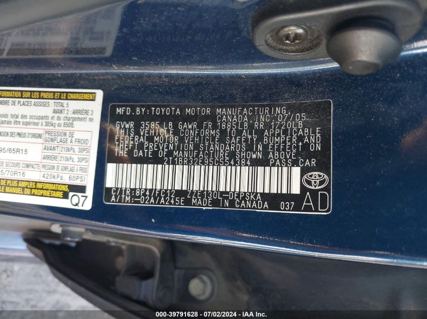 2005 Toyota Corolla S VIN: 2T1BR32E95C554384 Lot: 39791628