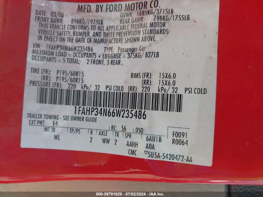 2006 Ford Focus Zx4 VIN: 1FAHP34N66W235486 Lot: 39791629