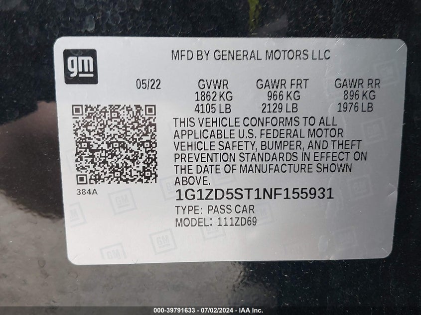 2022 Chevrolet Malibu Fwd Lt VIN: 1G1ZD5ST1NF155931 Lot: 39791633