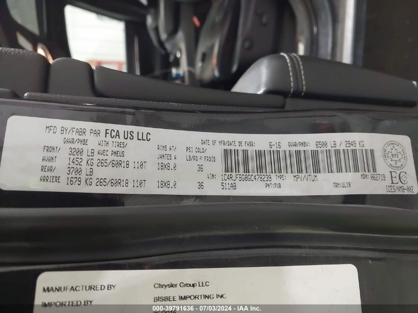 2016 Jeep Grand Cherokee Limited VIN: 1C4RJFBG8GC478239 Lot: 39791636