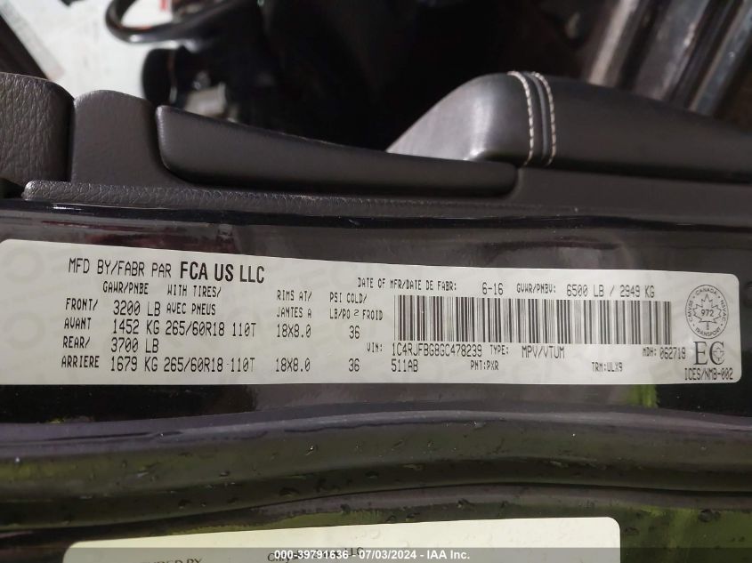 2016 Jeep Grand Cherokee Limited VIN: 1C4RJFBG8GC478239 Lot: 39791636