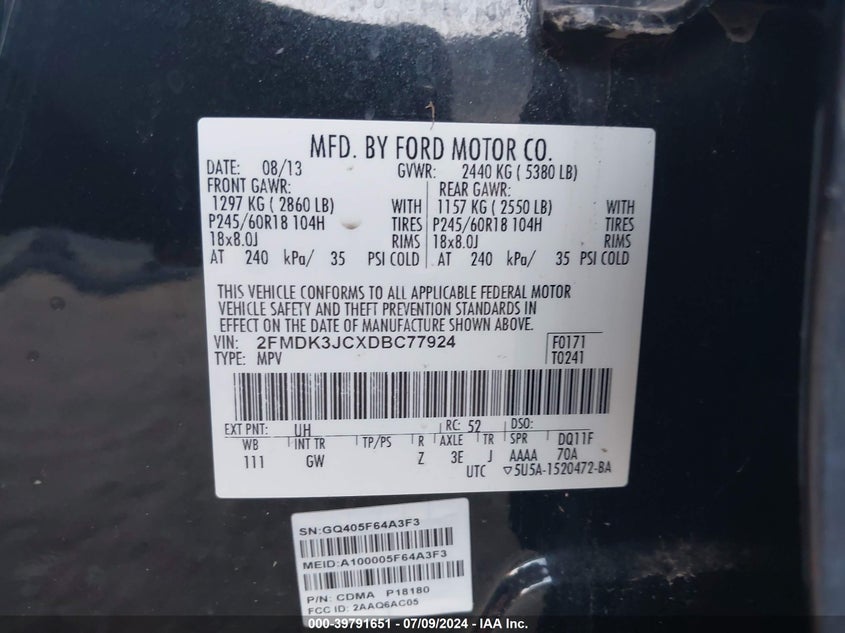 2013 Ford Edge Sel VIN: 2FMDK3JCXDBC77924 Lot: 39791651