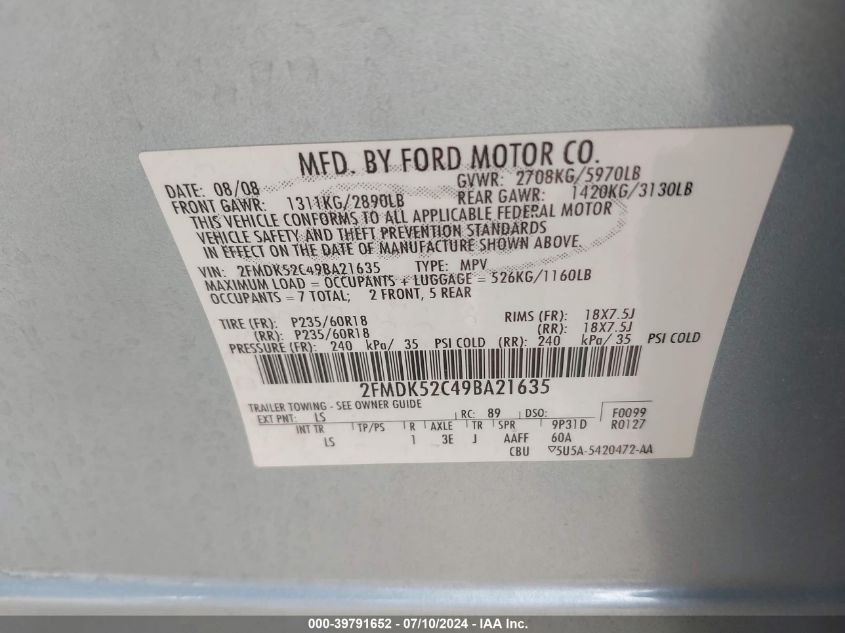 2009 Ford Flex Sel VIN: 2FMDK52C49BA21635 Lot: 39791652