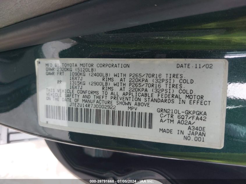 2003 Toyota 4Runner Sr5 V6 VIN: JTEZU14R730002922 Lot: 39791668