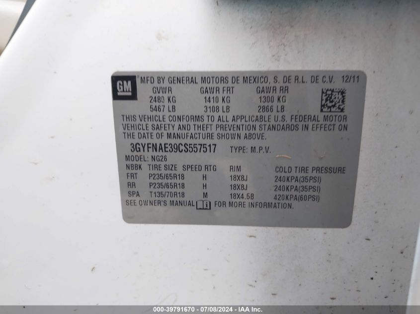 2012 Cadillac Srx Luxury Collection VIN: 3GYFNAE39CS557517 Lot: 39791670