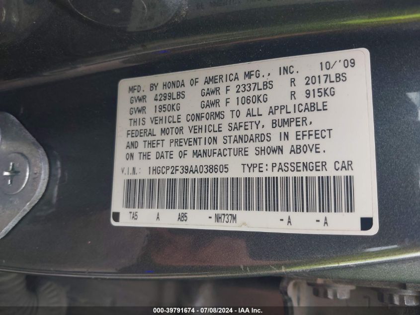 2010 Honda Accord 2.4 Lx VIN: 1HGCP2F39AA038605 Lot: 39791674