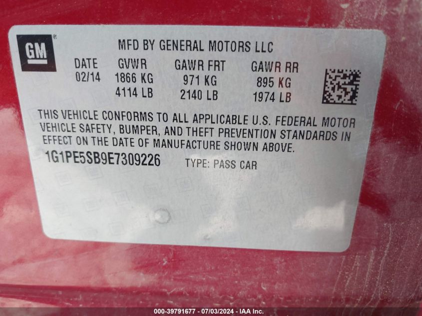 2014 Chevrolet Cruze 2Lt Auto VIN: 1G1PE5SB9E7309226 Lot: 39791677