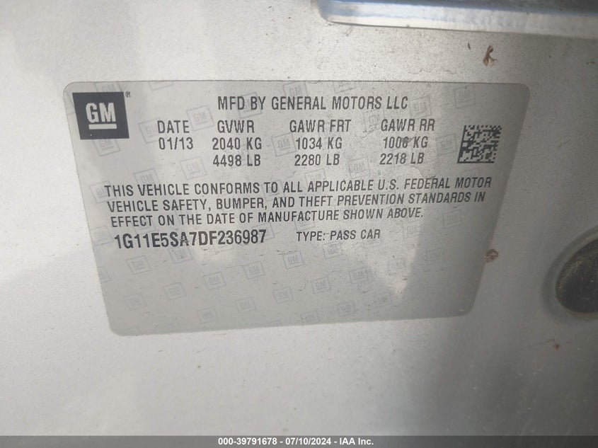 2013 Chevrolet Malibu 2Lt VIN: 1G11E5SA7DF236987 Lot: 39791678