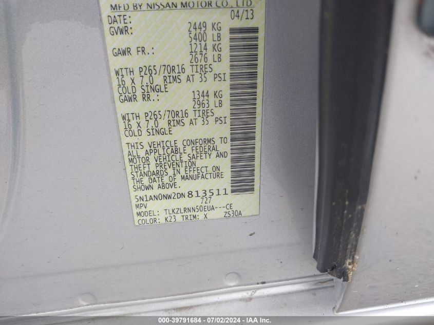 2013 Nissan Xterra S VIN: 5N1AN0NW2DN813511 Lot: 39791684