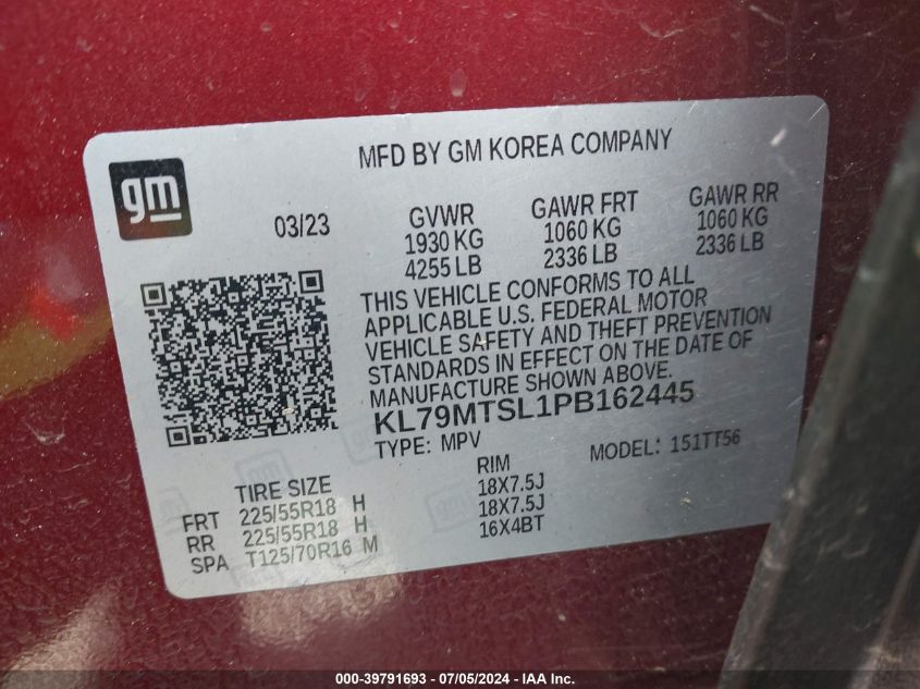 2023 Chevrolet Trailblazer Fwd Rs VIN: KL79MTSL1PB162445 Lot: 39791693