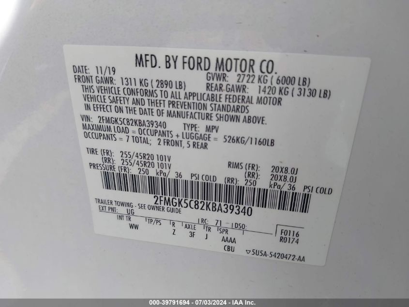 2019 Ford Flex Sel VIN: 2FMGK5C82KBA39340 Lot: 39791694