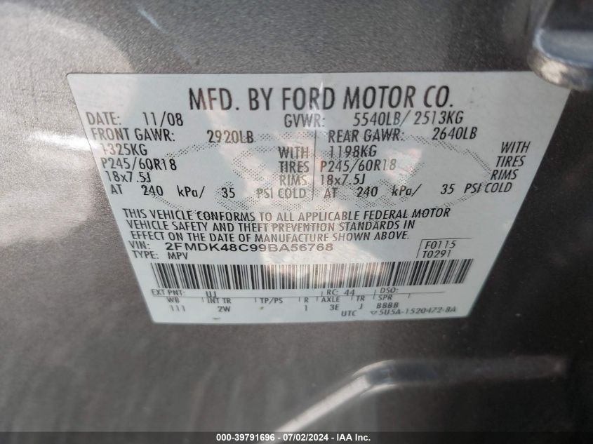 2009 Ford Edge Sel VIN: 2FMDK48C99BA56768 Lot: 39791696
