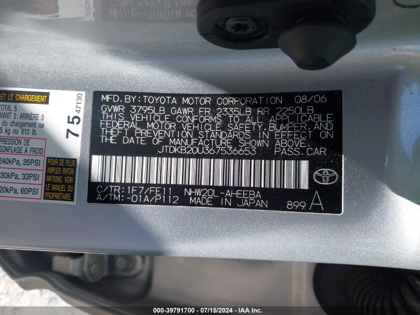 2006 Toyota Prius VIN: JTDKB20U367536653 Lot: 39791700