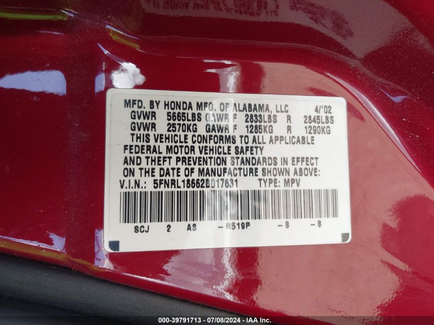 2002 Honda Odyssey Ex VIN: 5FNRL18662B017631 Lot: 39791713