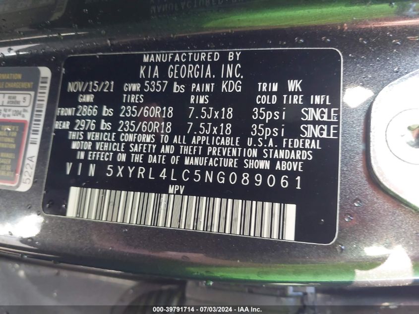 2022 Kia Sorento S VIN: 5XYRL4LC5NG089061 Lot: 39791714