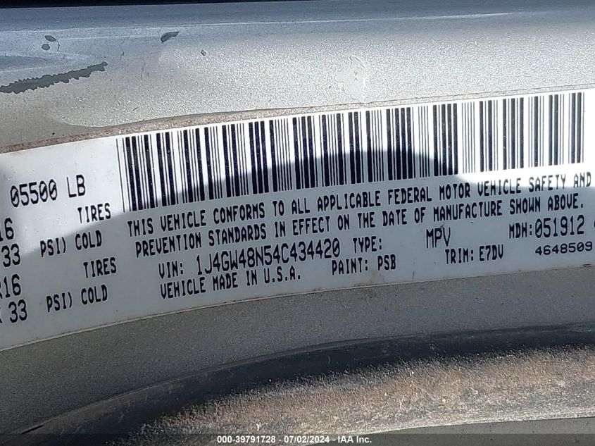 2004 Jeep Grand Cherokee Laredo VIN: 1J4GW48N54C434420 Lot: 39791728