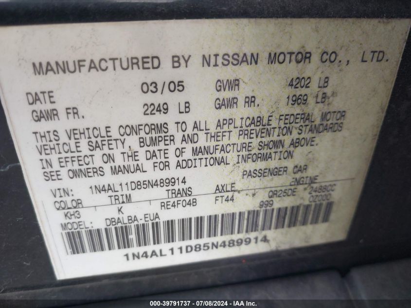 2005 Nissan Altima 2.5 S VIN: 1N4AL11D85N489914 Lot: 39791737