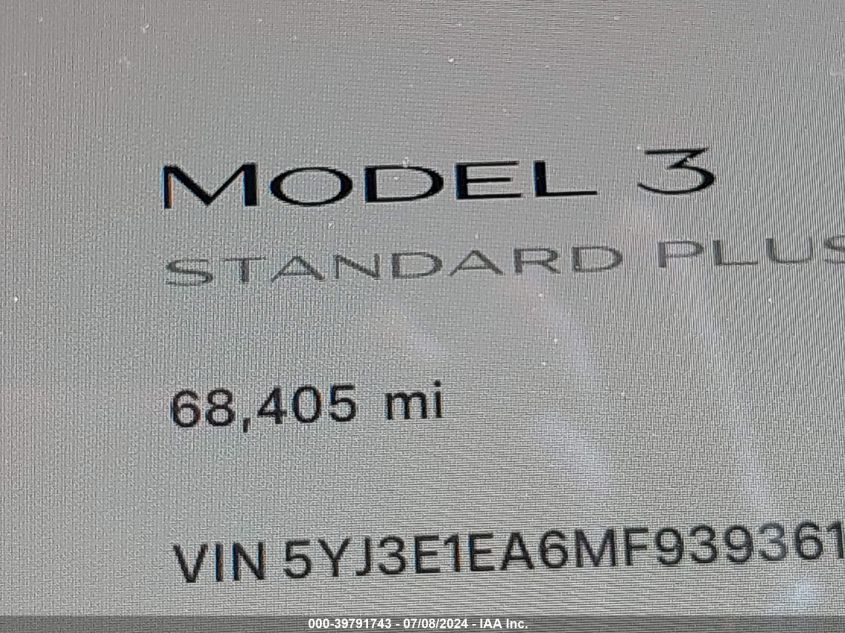 2021 Tesla Model 3 Standard Range Plus Rear-Wheel Drive VIN: 5YJ3E1EA6MF939361 Lot: 39791743