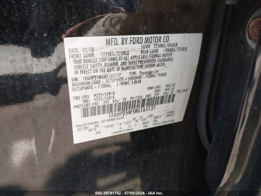 2008 Ford Taurus Limited VIN: 1FAHP25W58G165137 Lot: 39791752