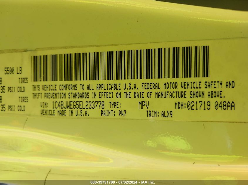 2014 Jeep Wrangler Unlimited Sahara VIN: 1C4BJWEG5EL233778 Lot: 39791790