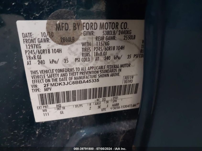 2011 Ford Edge Sel VIN: 2FMDK3JC8BBA45335 Lot: 39791800