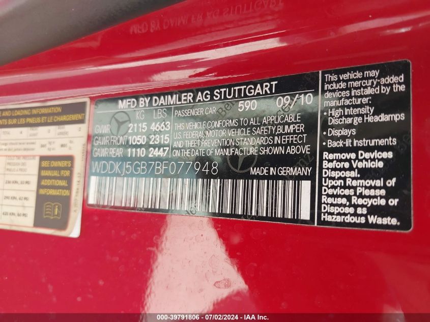 2011 Mercedes-Benz E 350 VIN: WDDKJ5GB7BF077948 Lot: 39791806
