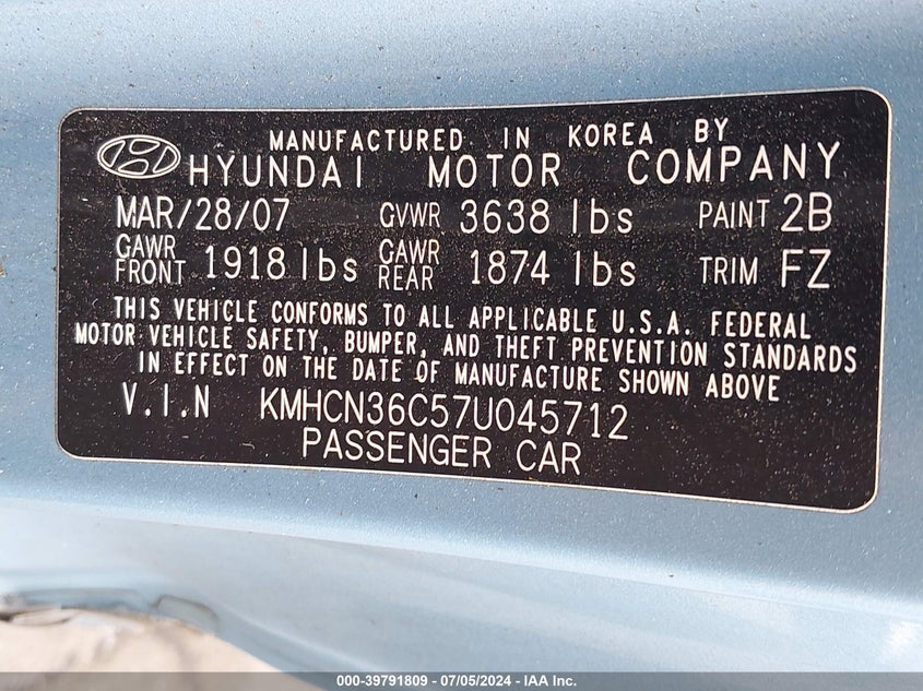 2007 Hyundai Accent Se VIN: KMHCN36C57U045712 Lot: 39791809