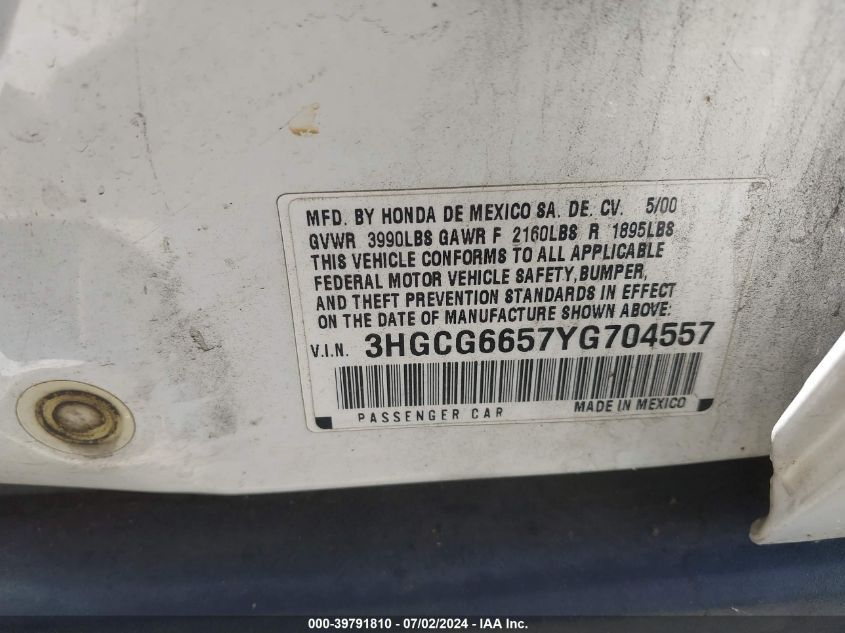 2000 Honda Accord 2.3 Lx VIN: 3HGCG6657YG704557 Lot: 39791810