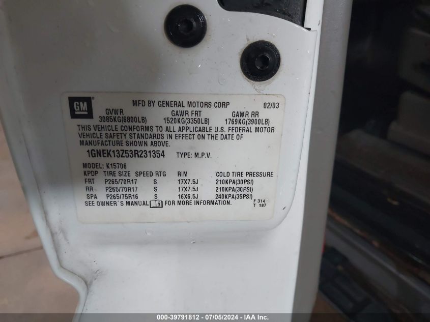 2003 Chevrolet Tahoe Z71 VIN: 1GNEK13Z53R231354 Lot: 39791812
