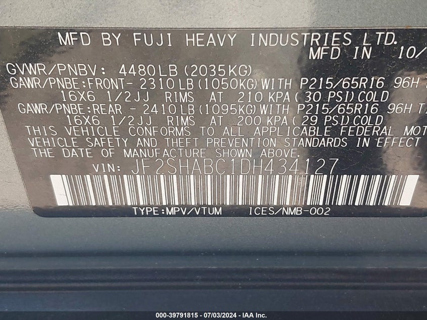 2013 Subaru Forester 2.5X VIN: JF2SHABC1DH434127 Lot: 39791815