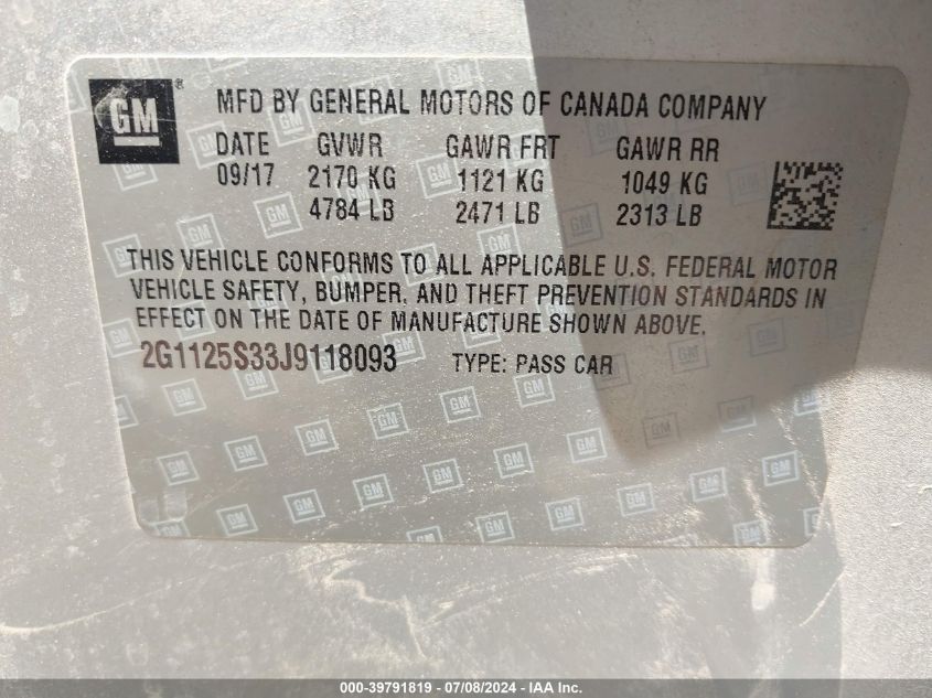 2018 Chevrolet Impala Premier VIN: 2G1125S33J9118093 Lot: 39791819