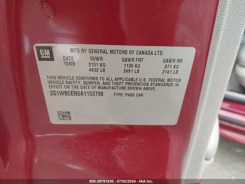 2010 Chevrolet Impala Lt VIN: 2G1WB5EN5A1153798 Lot: 39791830