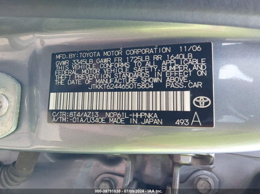 2006 Scion Xa VIN: JTKKT624465015804 Lot: 39791835