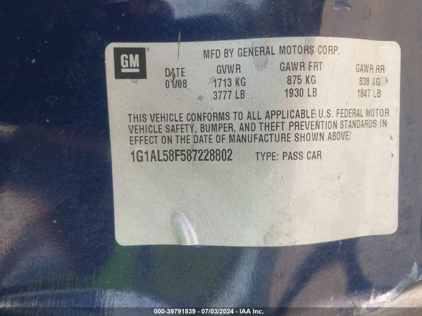 2008 Chevrolet Cobalt Lt VIN: 1G1AL58F587228802 Lot: 39791839