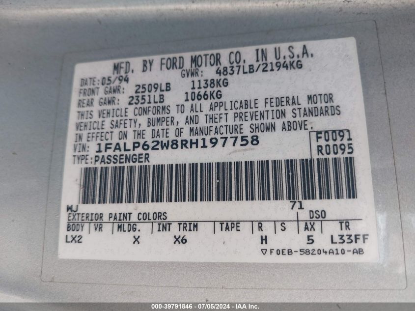 1994 Ford Thunderbird Lx VIN: 1FALP62W8RH197758 Lot: 39791846