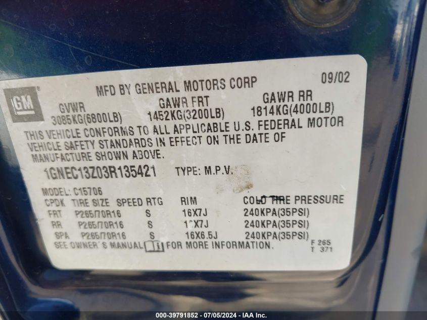 2003 Chevrolet Tahoe Ls VIN: 1GNEC13Z03R135421 Lot: 39791852