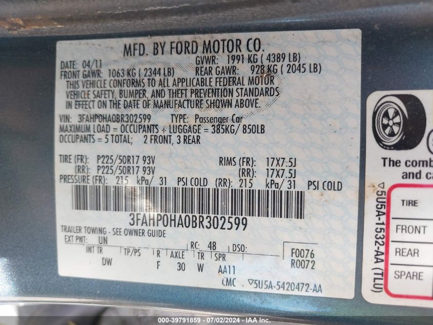 3FAHP0HA0BR302599 | 2011 FORD FUSION