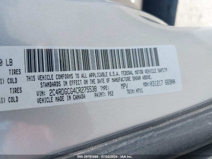 2012 Dodge Grand Caravan Sxt VIN: 2C4RDGCG4CR275538 Lot: 39791868