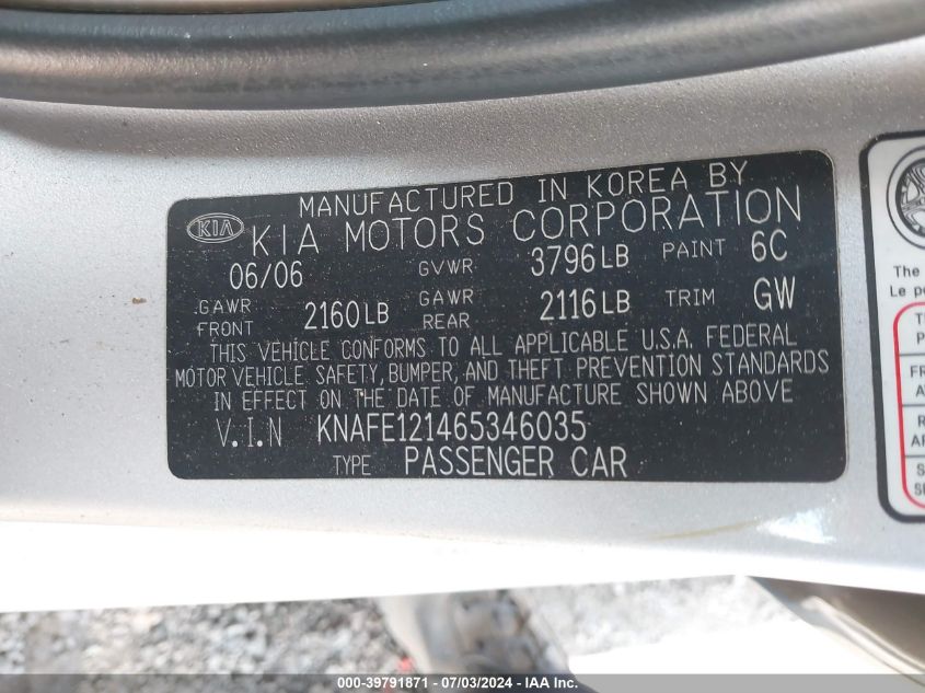 2006 Kia Spectra Lx/Ex VIN: KNAFE121465346035 Lot: 39791871