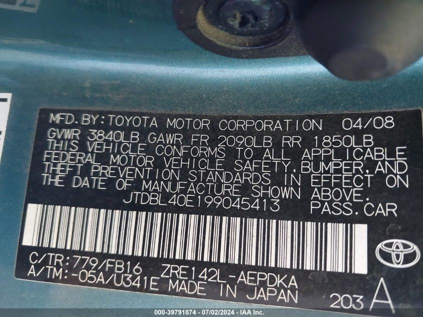 2009 Toyota Corolla Le VIN: JTDBL40E199045413 Lot: 39791874