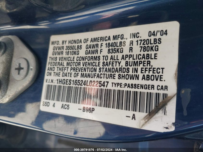 2004 Honda Civic Lx VIN: 1HGES16524L022547 Lot: 39791876