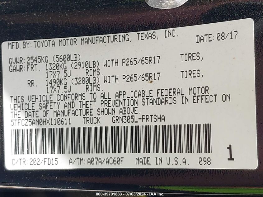 2017 Toyota Tacoma Trd Sport VIN: 5TFCZ5AN0HX110611 Lot: 39791883