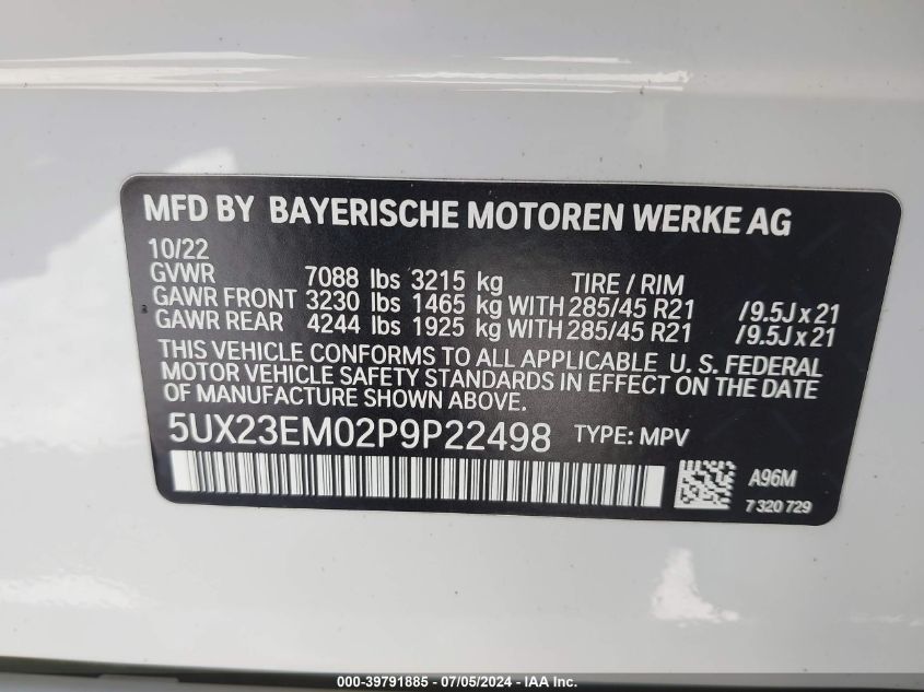 2023 BMW X7 xDrive40I VIN: 5UX23EM02P9P22498 Lot: 39791885