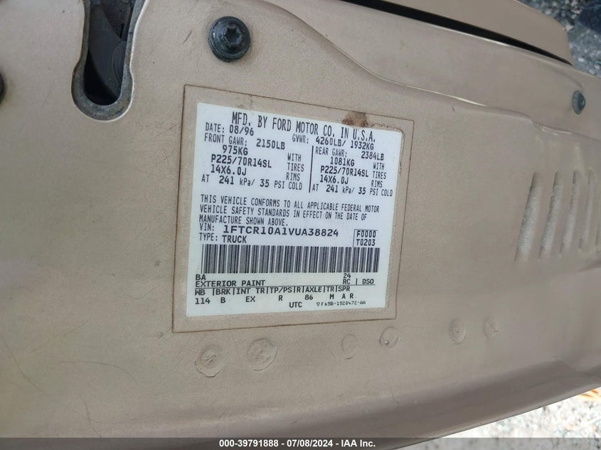 1997 Ford Ranger Splash/Xl/Xlt VIN: 1FTCR10A1VUA38824 Lot: 39791888